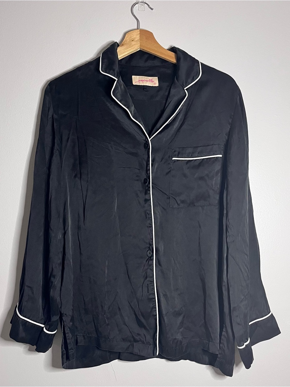 Papinelle 100% Silk Pajama Top Shirt Black White Contrast Piping Button Down